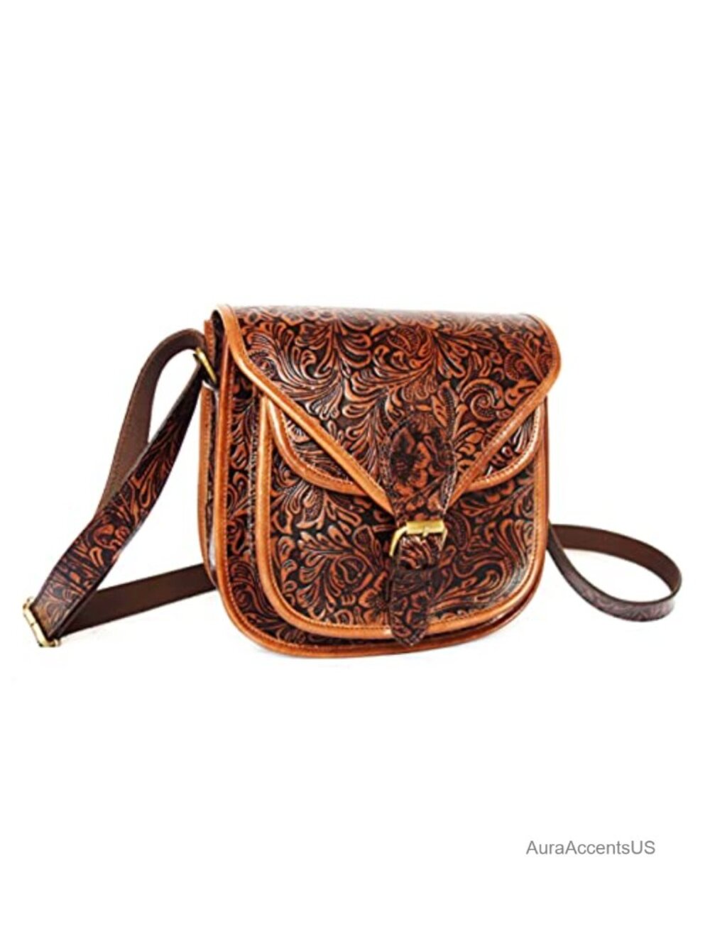 Genuine Grain Leather Crossbody Bag Handmade Floral Design Women's Purse